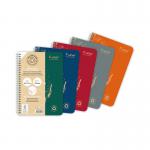 The photograph shows a set of Exacompta Notebooks from the Clairefontaine Forever Recycled collection. They are wirebound A5 notebooks with 120 pages of 90gsm feint ruled paper. The notebooks come in assorted colors and the pack contains 5 notebooks.