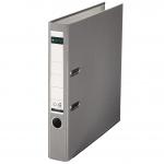 The image shows ten ACCO Brands Lever Arch Files, with the brand name Leitz 180 written on the spine. The files are made of polypropylene and are designed to fit A4-sized documents. Each file has a 52mm spine width and is colored in a sleek grey shade.