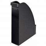 This image shows a sleek and modern black magazine file from ACCO Brands Books & Magazine Racks. The Leitz Plus Magazine File is designed to hold A4-sized documents and features a sturdy construction. The file has a clean and professional appearance with a glossy finish. It has a wide opening and ample space for organizing multiple magazines, books, or files. The Leitz logo is prominently displayed on the front of the file.