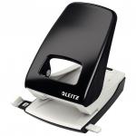 The image shows a sturdy, black metal hole punch from Leitz with a capacity of 40 sheets. It has a sleek design and two punching holes, perfect for home or office use. The brand name ACCO Brands is clearly displayed on the side.