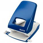 The picture depicts a blue, metal hole punch from ACCO Brands. It has the name Leitz 5138 NeXXt on the side and can punch up to 40 sheets at once. The compact size makes it easy to store and use.