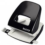 The photograph shows a sleek and sturdy Leitz 2-hole punch from ACCO Brands, designed for punching up to 30 sheets of paper at a time. Its metal construction and black color make it a durable and professional-looking tool for any workspace.