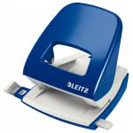 The photo shows two blue metal hole punches made by ACCO Brands Leitz. These 2-hole punches have a capacity of 30 sheets and are labeled as model 5008. They have a sleek and durable design, perfect for any office or school setting.