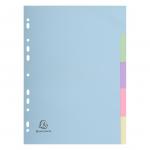 This picture shows Exacompta Eco Dividers made from durable 170gsm recycled card in vibrant assorted colors. There are 5 dividers in this A4 size set, perfect for keeping papers and documents organized. Each divider is labeled for easy identification. The Eco Dividers are designed to be environmentally friendly and sustainable, making them a great choice for eco-conscious individuals and businesses.