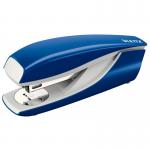 This photo features a sleek and modern blue stapler by ACCO Brands. The stapler is the Leitz 5502 NeXXt model and has a half strip design. Made of metal, it can staple up to 30 sheets at once with ease.