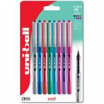 This picture features a set of 8 Mitsubishi Pencil Company Rollerball Pens, specifically the uni-ball EYE Designer UB-157D model. Each pen has a 0.7mm tip and is packaged in a blister pack with plastic-free packaging. The pens come in assorted colors and have the companys logo prominently displayed on the barrel. The pens have a sleek and modern design and appear to be high-quality writing instruments. The packaging also showcases the brands commitment to sustainability.
