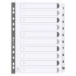 This image shows a set of Exacompta numbered dividers with white mylar tabs. The A4 dividers are made of 160gsm white card and are numbered 1-10. The tabs are also white and the product is labeled MWD1-10Z.
