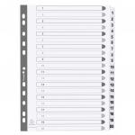 This photograph shows a set of Exacompta numbered dividers, designed for use with A4 paper. The dividers are made of sturdy 160gsm white card and feature white Mylar tabs with numbers 1-20. The clean, professional design is perfect for organizing important documents or presentations.
