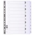 This photograph showcases a set of Exacompta Extra Wide Dividers featuring white, 160gsm card material and Mylar tabs. The dividers are numbered 1-10 and designed for A4 sized documents. They appear clean, sleek, and professional, ready to organize any project or presentation.