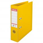 The photograph shows ten yellow lever arch files stacked on top of each other. Each file is made of polypropylene and has a spine width of 75mm. The front of the file has the brand name Esselte No.1 printed in white letters. The ACCO Brands logo can also be seen on the front cover. The files have a lever mechanism on the inside to open and close them, with a metal metal bar for secure storage of documents. The top and bottom edges of the file have a ribbed texture and there is a label holder on the spine for easy identification. The files have a glossy finish and appear sturdy and durable.