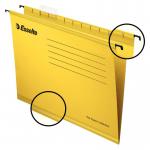 The image shows a pack of 25 yellow Esselte Classic Foolscap suspension files from ACCO Brands. Each file has a 15mm V-shaped base and is designed for suspension filing. The files are suspended from a filing board and are suitable for organizing and storing important documents.