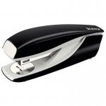 The image shows a sleek black Acco Brands stapler from the Leitz 5502 NeXXt series. It is a half strip stapler with a metal body and can staple up to 30 sheets of paper.