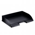 This photograph captures a sleek and modern ACCO Brands Letter Tray from their Leitz Plus collection. The tray is designed to hold A4 and Foolscap sized papers and is displayed in a stylish landscape orientation. The black color adds a touch of sophistication to any workspace.