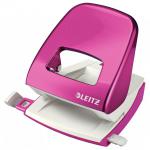 The photo shows a pink metal office hole puncher, with two holes, from ACCO Brands. It has a stylish design from the Leitz NeXXt WOW collection and can punch up to 30 sheets at once.