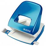 The image showcases a stylish blue Leitz NeXXt WOW hole punch with metal construction, perfect for any office setting. It can punch up to 30 sheets and features two holes, making it a versatile and efficient tool for organizing documents.