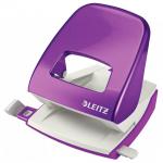 The picture shows a vibrant purple Leitz NeXXt WOW 2 hole metal office hole punch from ACCO Brands. It can punch up to 30 sheets at once, making it perfect for any busy office. The sleek design and sturdy construction make it a must-have for any workspace.