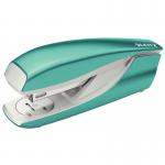 This photograph shows a sleek, half strip metal stapler in a vibrant ice blue color. It is made by ACCO Brands and has the Leitz NeXXt WOW design. It can staple up to 30 sheets of paper at once.