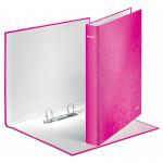 This picture features a set of 10 pink Leitz WOW ring binders from ACCO Brands. The binders have a laminated paper-on-board construction and 2 D-ring design with 25mm rings. The pack contains A4 sized binders.