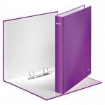 The photo shows a set of 10 Leitz WOW Ring Binders from ACCO Brands. Each binder has a laminated paper on board cover in a vibrant purple color. The binders feature 2 D-rings and can hold A4 sized paper with 25mm rings. Perfect for organizing and storing important documents or school materials.