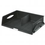 This image features a sleek black Leitz Sorty Letter Tray in a jumbo size, able to accommodate A3 landscape documents. The ACCO Brands tray is designed for efficient organization and adds a professional touch to any workspace.