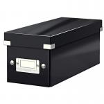 This picture features a sleek black Leitz Click & Store CD Storage Box from ACCO Brands. The lid securely snaps closed, keeping your CDs organized and protected. The modern design makes it a great addition to any storage space.