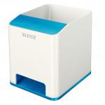 In the photo, a white and blue Leitz WOW Dual Colour Sound Pen Holder is featured. It is designed as a desk set and tidies organizer by ACCO Brands. The holder has a sleek and modern look, with a smooth surface and clean lines. It appears to be made of sturdy plastic, with a glossy finish. The dual color design adds a pop of color to any desk. The pen holder has multiple compartments, perfect for storing pens, pencils, scissors, and other office supplies. Its compact size makes it a great addition to any workspace.