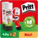 The picture shows two packs of Henkel Glues & Adhesives Pritt Original Glue Sticks. Each pack contains a 43g Maxi size stick, totaling to 86g of glue. The sticks are round and white in color with the Pritt logo printed on them. The packaging is made of cardboard and features a green and blue design with information about the glue being sustainable, long lasting, and solvent free. The adhesive is strong and can be used for a variety of crafts and projects.