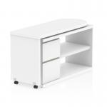 The photograph captures a sleek and modern white desk with a dynamic design. The desk features unique, flower-shaped compartments for smart storage solutions. The desk appears sophisticated and functional, perfect for any contemporary workspace.