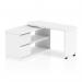 The photograph captures a modern, sleek white desk with a unique design. The desk features dynamic desking capabilities, allowing for customizable and efficient workspace. The Fleur Smart Storage design offers ample storage options while maintaining a clean and minimalist aesthetic. The desk is perfect for any contemporary office or home workspace.