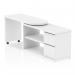 The picture shows a sleek and modern white desk with a unique design. Its surface is spacious and divided into multiple sections, perfect for organizing items and documents. The desk features a dynamic fleur pattern that adds a touch of elegance. Its smart storage system includes drawers, shelves, and compartments, providing ample space to store and access office supplies. This dynamic desking option is both functional and aesthetically pleasing, making it a great addition to any workspace.