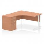 Impulse Cantilever Left Crescent Office Desk W1400 x D1200 x H730mm Beech Finish White Frame With 600mm Deep Desk High Pedestal - I004246 23729DY