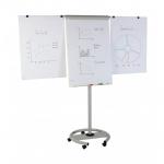 The photo shows a Rocada Flipchart Easel & Pads, specifically the Visualline Mobile Magnetic Flipchart with 2 arms. The dimensions are 680x1040mm. The easel is mounted on wheels for easy mobility and has a sleek, modern design. The surface is magnetic and allows for easy attachment of paper or other materials. Two adjustable arms provide additional space for presenting. The overall look is professional and efficient.