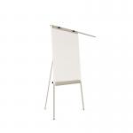 The photo shows a Rocada Visualline Mobile Magnetic Flipchart with Arm, measuring 700x1010mm. The flipchart is attached to a sturdy easel, allowing for easy mobility and positioning. The surface is white and magnetic, enabling the use of magnets to display documents and notes. The flipchart is surrounded by a metal frame, providing durability and stability. On the side of the easel, there is a tray for conveniently storing markers and other supplies.