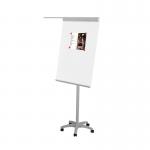 The photo shows a sleek and modern Rocada Visualline Mobile Magnetic Flipchart. The easel is on wheels, making it easily movable, and has two arms for holding up a whiteboard or notes. The whiteboard measures 680x1040mm, providing ample space for writing and presenting. The frame is made of durable materials and features a magnetic surface for easy attachment of paper or other materials. The overall design is professional and functional, making it a great addition to any office or presentation space.