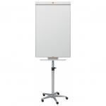 The picture shows a sleek and modern grey easel, fully mobile for ease of use. It features a magnetic surface measuring 745x690mm for attaching notes or presentations. The flipchart pad is supported by a sturdy Nobo Barracuda stand, making it perfect for presentations and meetings.