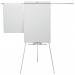 The photo captures a sleek, silver flipchart easel with a clean design. The easel features extended arms and is supported by a sturdy tripod base. The durable pad is magnetic and measures 685x1000mm.