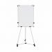 The photo shows a sleek, environmentally-friendly Bi-Office Earth Kyoto Mobile Easel with extendable arms and a magnetic paper roll kit attached. The easel stands at 700x100mm and is equipped with a Bi-Silque Flipchart pad. The whiteboard surface is smooth and clean, perfect for writing and erasing ideas. The easel is on wheels for easy mobility, making presentations and brainstorming sessions a breeze.