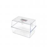 The ValueX Essentials Card Index Box is made of crystal clear plastic and measures 6 x 4 inches (152 x 102mm). It has a sleek and modern design, with a durable construction that is perfect for organizing your essential cards. The top of the box features the ValueX logo, and the clear material allows for easy visibility of the contents inside. The box has a smooth sliding mechanism that makes it easy to open and close. Overall, it has a professional and functional appearance, ideal for any office or personal use.