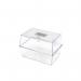 The ValueX Essentials Card Index Box is made of crystal clear plastic and measures 6 x 4 inches (152 x 102mm). It has a sleek and modern design, with a durable construction that is perfect for organizing your essential cards. The top of the box features the ValueX logo, and the clear material allows for easy visibility of the contents inside. The box has a smooth sliding mechanism that makes it easy to open and close. Overall, it has a professional and functional appearance, ideal for any office or personal use.