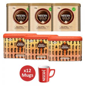 Nescafe Free Mugs 3 tins of Gold Blend Coffee 750g and 3 tins of Azera