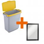 Durable DURABIN Plastic Waste Recycling Bin 60 Litre Grey with Yellow Hinged Lid & Black A5 DURAFRAME Self-Adhesive Sign Holder - VEH2023005 28412DR