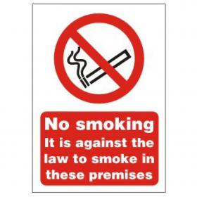 SECO Prohibition Safety Sign No Smoking It Is Against The Law To Smoke In These Premises Semi Rigid Plastic150 x 200mm - SB003SRP150X200 28874SS