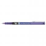 The picture shows a set of 12 violet Pilot V5 Hi-Tecpoint Liquid Ink Rollerball Pens. Each pen has a 0.5mm tip and creates a thin 0.3mm line. The pens have a sleek and professional design with a black barrel and cap. The cap has a pocket clip for easy portability. The pens have a smooth and precise writing experience, perfect for any writing task.