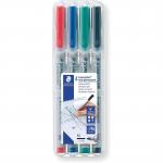 The photograph showcases four Staedtler Specialist Markers and a Staedtler Lumocolor OHP Pen, all in assorted colors and with a medium 1.0mm line. The markers and pen are neatly arranged in a pack and displayed against a white background, highlighting their vibrant hues and sleek design.