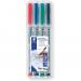 The photograph showcases four Staedtler Specialist Markers and a Staedtler Lumocolor OHP Pen, all in assorted colors and with a medium 1.0mm line. The markers and pen are neatly arranged in a pack and displayed against a white background, highlighting their vibrant hues and sleek design.