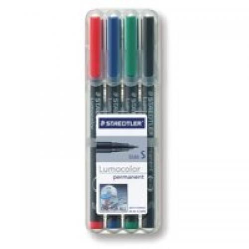 This photo features a pack of four Staedtler Permanent Markers and OHP pens, with a variety of vibrant colors and a superfine 0.4mm line. Perfect for writing on permanent surfaces and overhead transparencies, these markers are a versatile addition to any art supply collection.