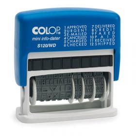 COLOP S120WD Self-inking Dial-A-Phrase Word and Date Stamp (12 Stock WordsPhrases and 4mm Adjustable Date) BlueRed Ink - 104960 34035CL