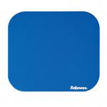 This picture shows a sleek, blue Fellowes mouse mat with a smooth surface and non-slip backing. The design is modern and professional, perfect for any workspace. The brand name is subtly printed in the corner.