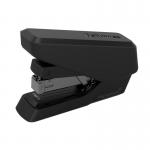 The photograph shows a black Fellowes LX860 EasyPress half strip stapler, designed for 40 sheets, with Fellowes branding. The sleek design and sturdy build are visible, along with the ease of use and impressive capacity of this stapler.