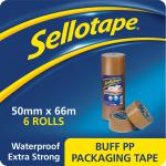 Sellotape Parcel Plus Vinyl Waterproof Extra Strong Buff Packaging Tape 50mm x 66m Brown (Pack 6) - 1447026 38007HK